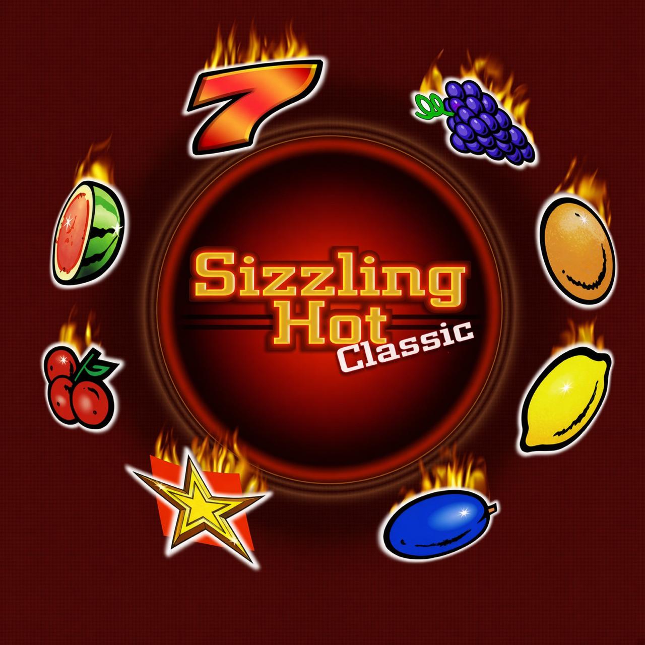 Logo Sizziling Hot z owocowymi symbolami i ognistą oprawą
